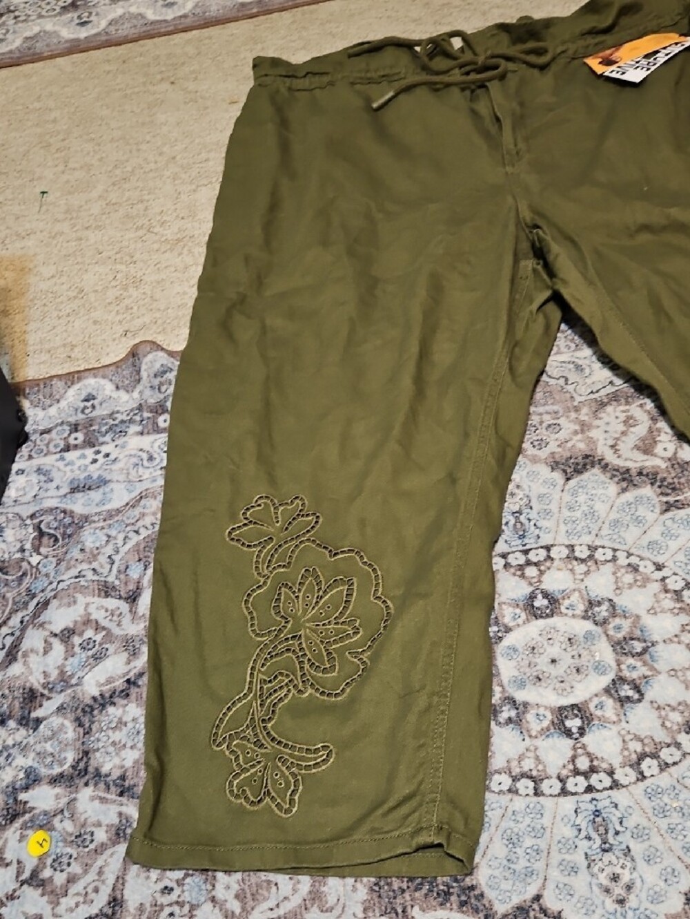 Women's Olive Cropped Drawstring Pants with Embroidered Detail - Picture 2 of 13